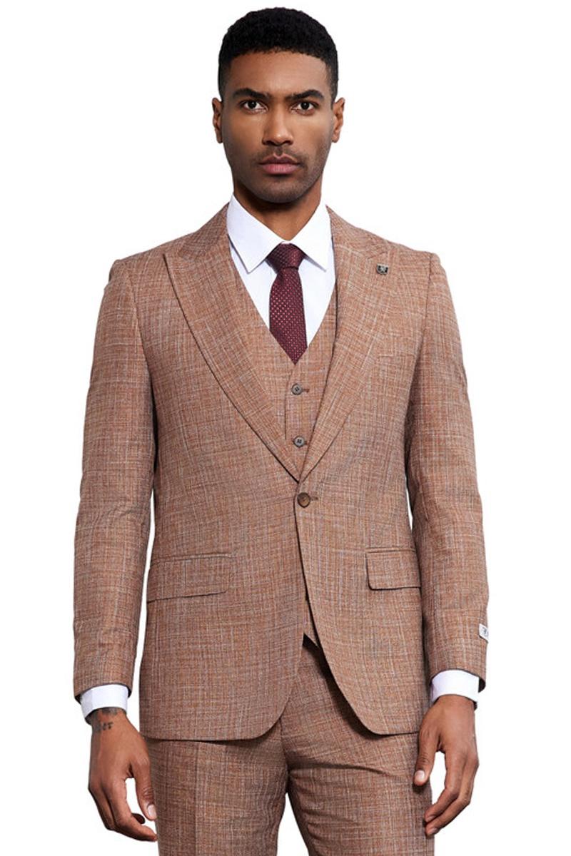 Men's Stacy Adams Vested Sharkskin Weave Pattern Suit in Light Rust ...