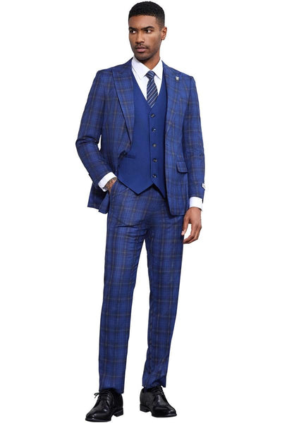 Men's Stacy Adams Bold Windowpane Plaid Print Vested Suit in Midnight Blue
