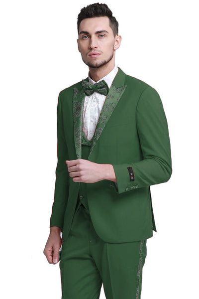 Men's One Button Vested Prom & Wedding Tuxedo in Hunter Green with Floral Peak Lapel