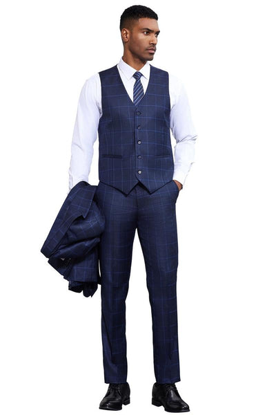 Men's Stacy Adams Classic One Button Vested Windowpane Suit in Navy Blue