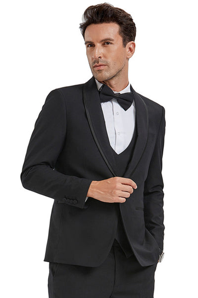 Men's One Button Vested Shawl Tuxedo in Black Birdseye with Black Satin Trim