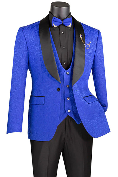Men's Slim Fit Vested Paisley Wedding Tuxedo in Royal Blue