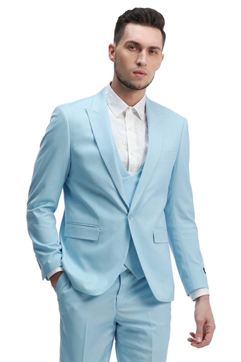 Men's Slim Fit One Button Peak Lapel Low Cut Double Breasted Vest Wedding Suit in Light Blue