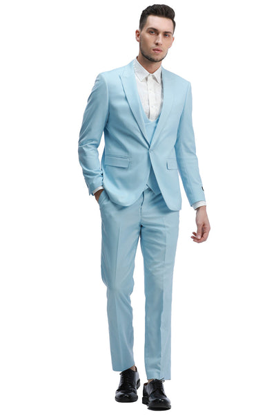 Men's Slim Fit One Button Peak Lapel Low Cut Double Breasted Vest Wedding Suit in Light Blue