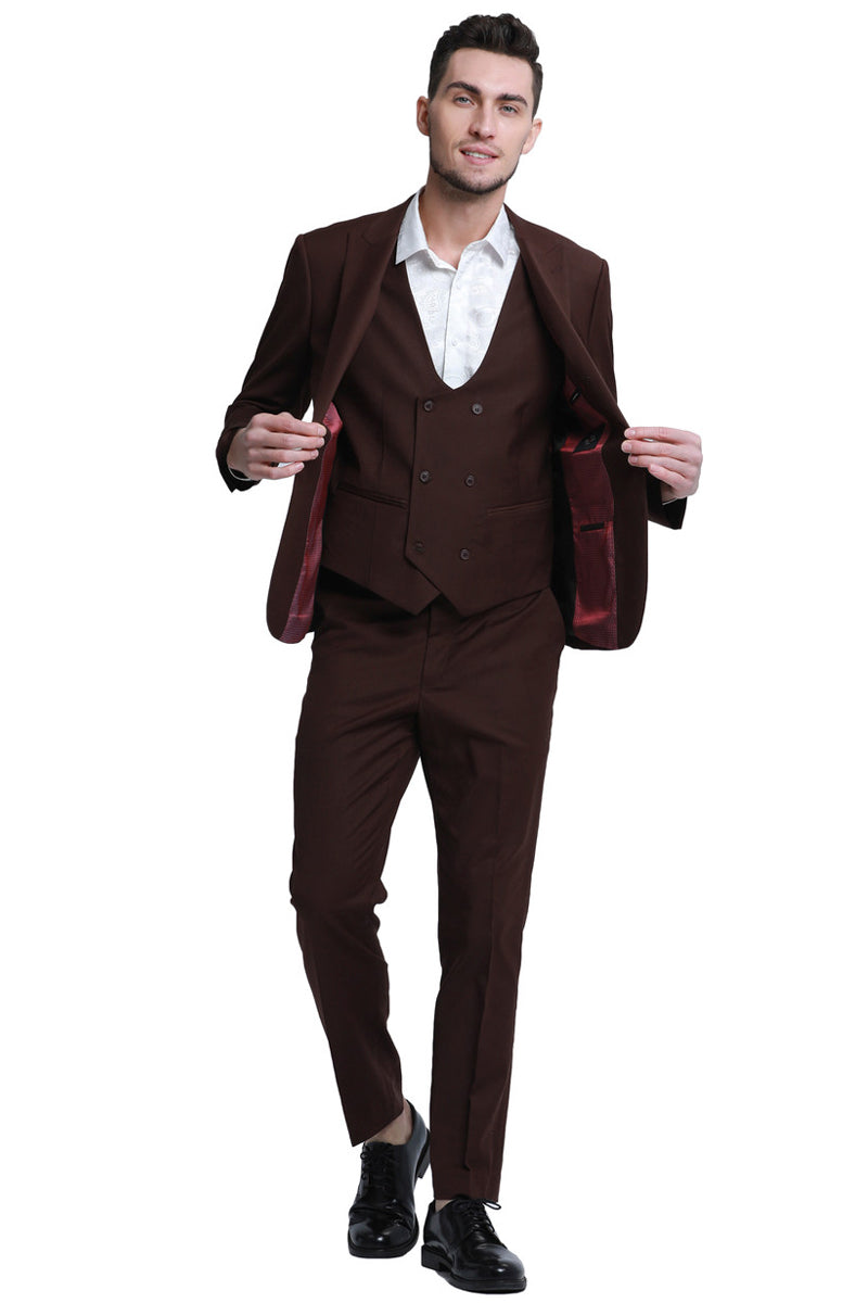 Men's Slim Fit One Button Peak Lapel Low Cut Double Breasted Vest Wedding Suit in Brown