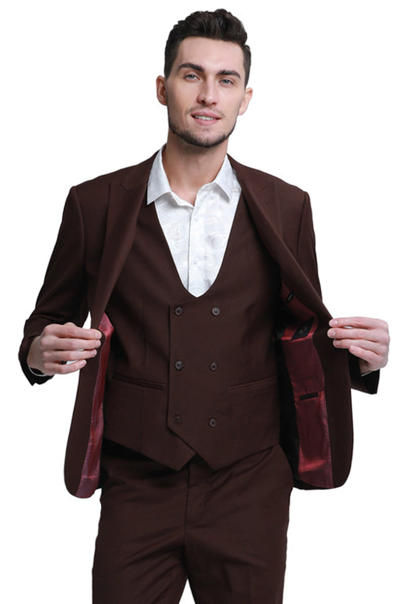 Men's Slim Fit One Button Peak Lapel Low Cut Double Breasted Vest Wedding Suit in Brown