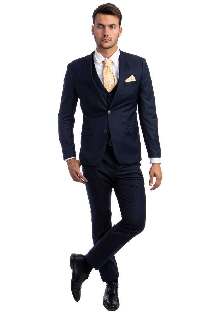 Men's Two Button Slim Fit Vested Solid Basic Color Suit in Navy Blue