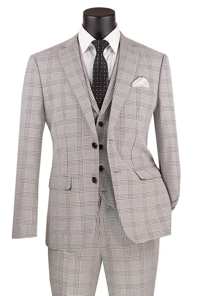 Men's Slim Fit Vested Glen Plaid Summer Business Suit in Light Grey
