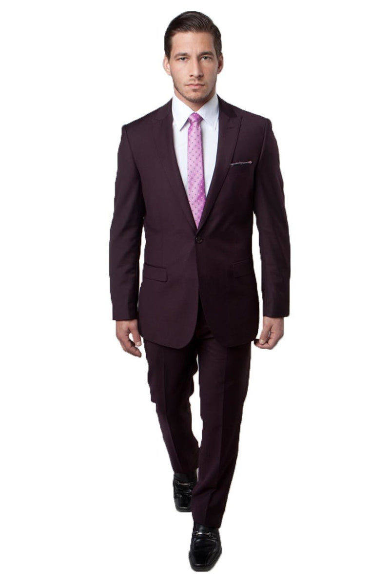 Men's Slim Fit One Button Peak Lapel Suit in Eggplant Plum