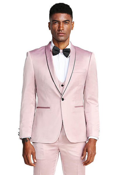 Men's Slim Fit Vested Shiny Satin Prom & Wedding Tuxedo Suit in Rose Pink