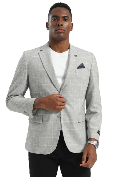 Men's Two Button Modern Fit Business Sport Coat in Light Grey Windowpane Plaid
