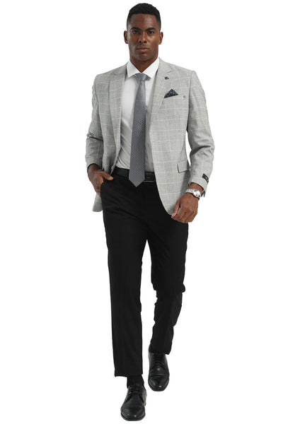 Men's Two Button Modern Fit Business Sport Coat in Light Grey Windowpane Plaid
