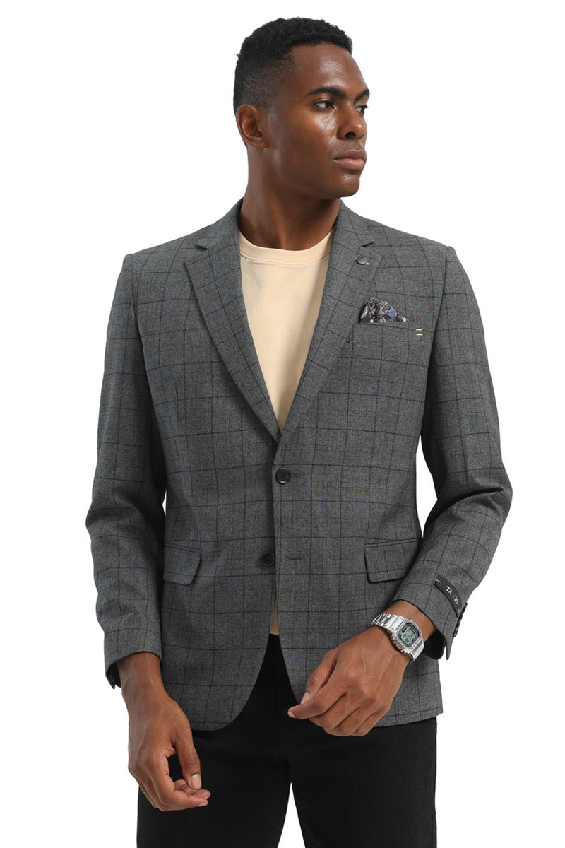 Men's Two Button Modern Fit Business Sport Coat in Charcoal Grey Windowpane Plaid