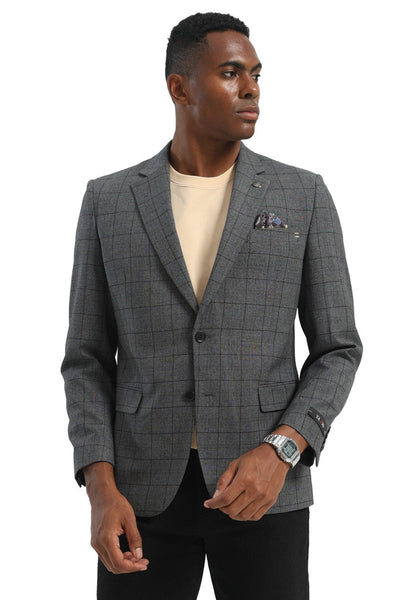 Men's Two Button Modern Fit Business Sport Coat in Charcoal Grey Windowpane Plaid