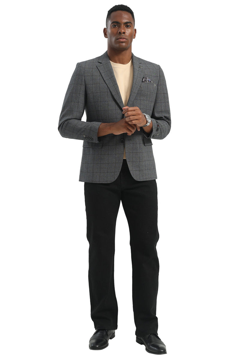 Men's Two Button Modern Fit Business Sport Coat in Charcoal Grey Windowpane Plaid