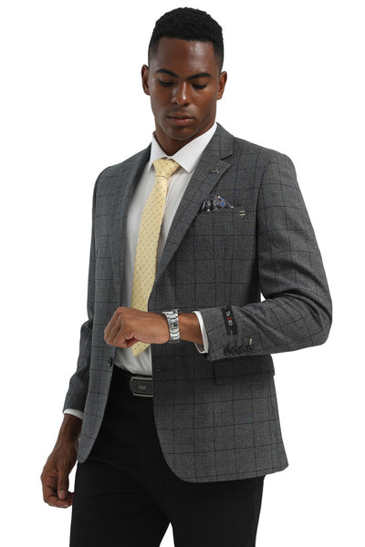 Men's Two Button Modern Fit Business Sport Coat in Charcoal Grey Windowpane Plaid