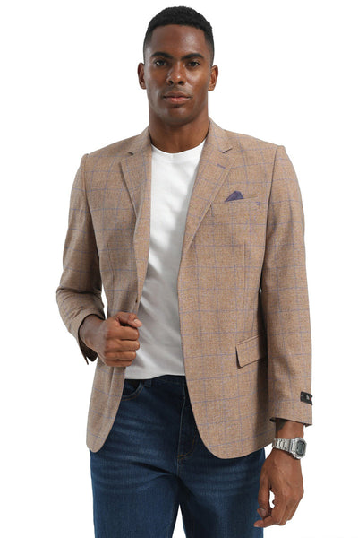 Men's Two Button Modern Fit Business Sport Coat in Light Brown Tan Windowpane Plaid