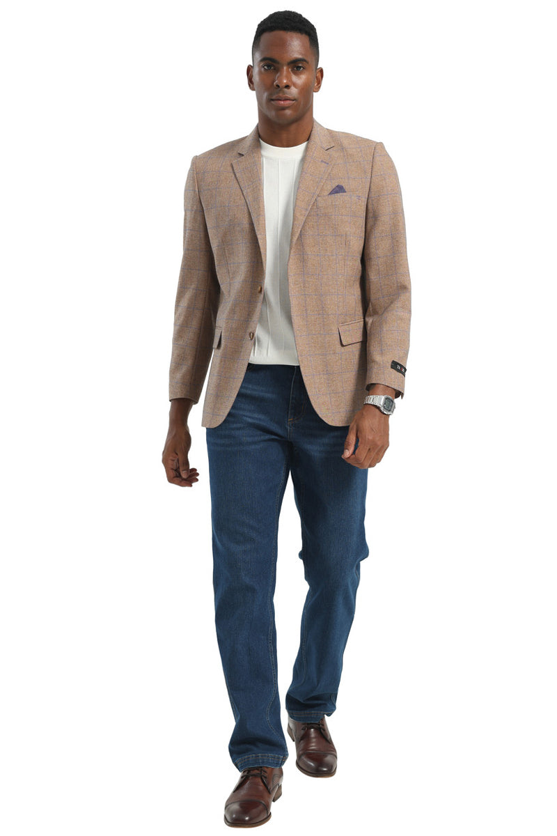 Men's Two Button Modern Fit Business Sport Coat in Light Brown Tan Windowpane Plaid