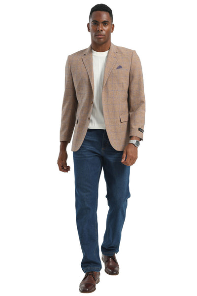 Men's Two Button Modern Fit Business Sport Coat in Light Brown Tan Windowpane Plaid