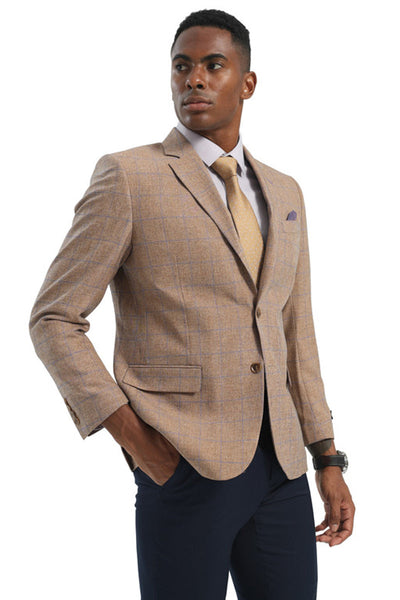 Men's Two Button Modern Fit Business Sport Coat in Light Brown Tan Windowpane Plaid