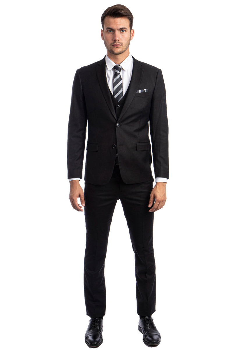 Men's Two Button Slim Fit Vested Solid Basic Color Suit in Black