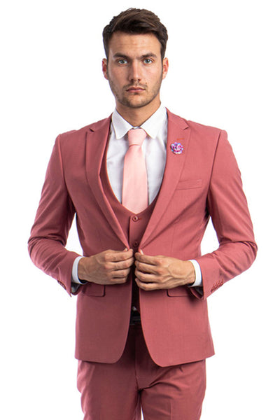 Men's One Button Peak Lapel Skinny Wedding & Prom Suit with Lowcut Vest in Coral Pink