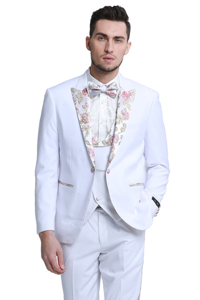 Men's One Button Vested Prom & Wedding Tuxedo in White with Floral Peak Lapel