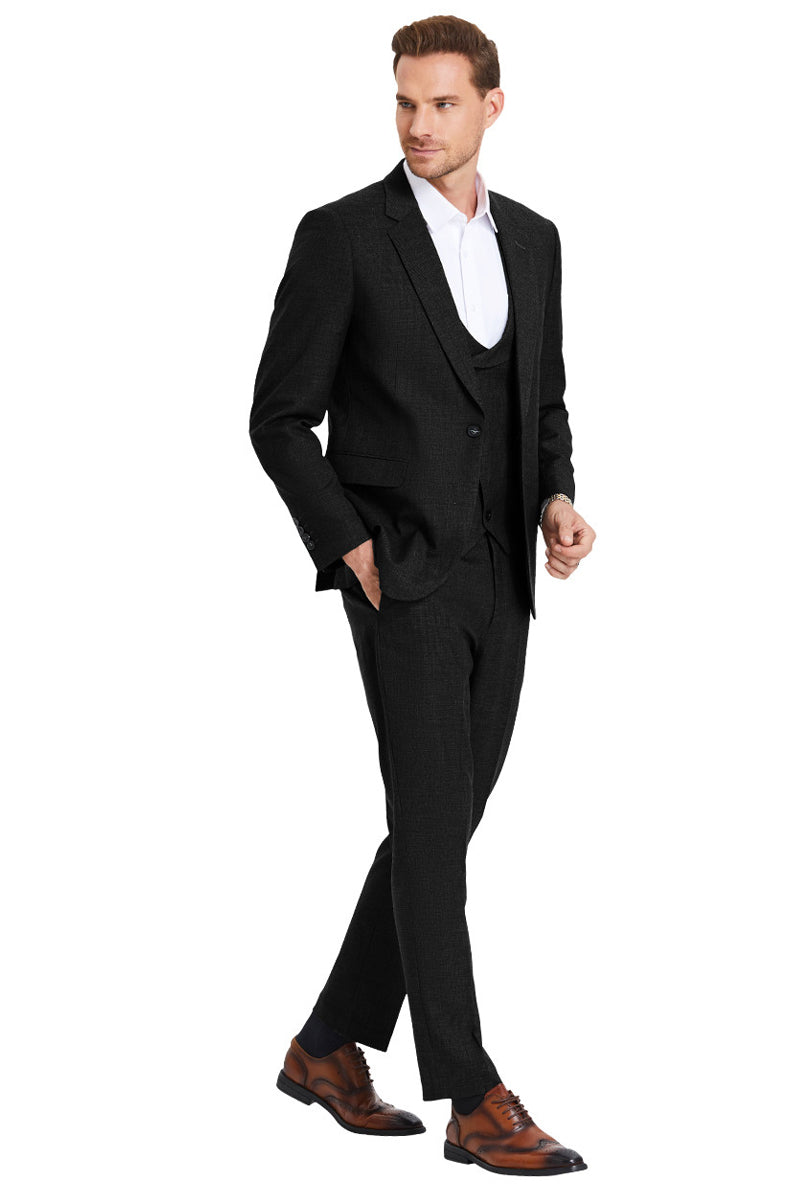 Men's One Button Double Breasted Vest Slim Fit Sharkskin Wedding Suit in Black