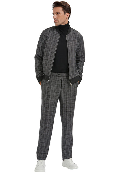 Men's Casual Walking Track Suit Jacket & Pant Set in Black Plaid