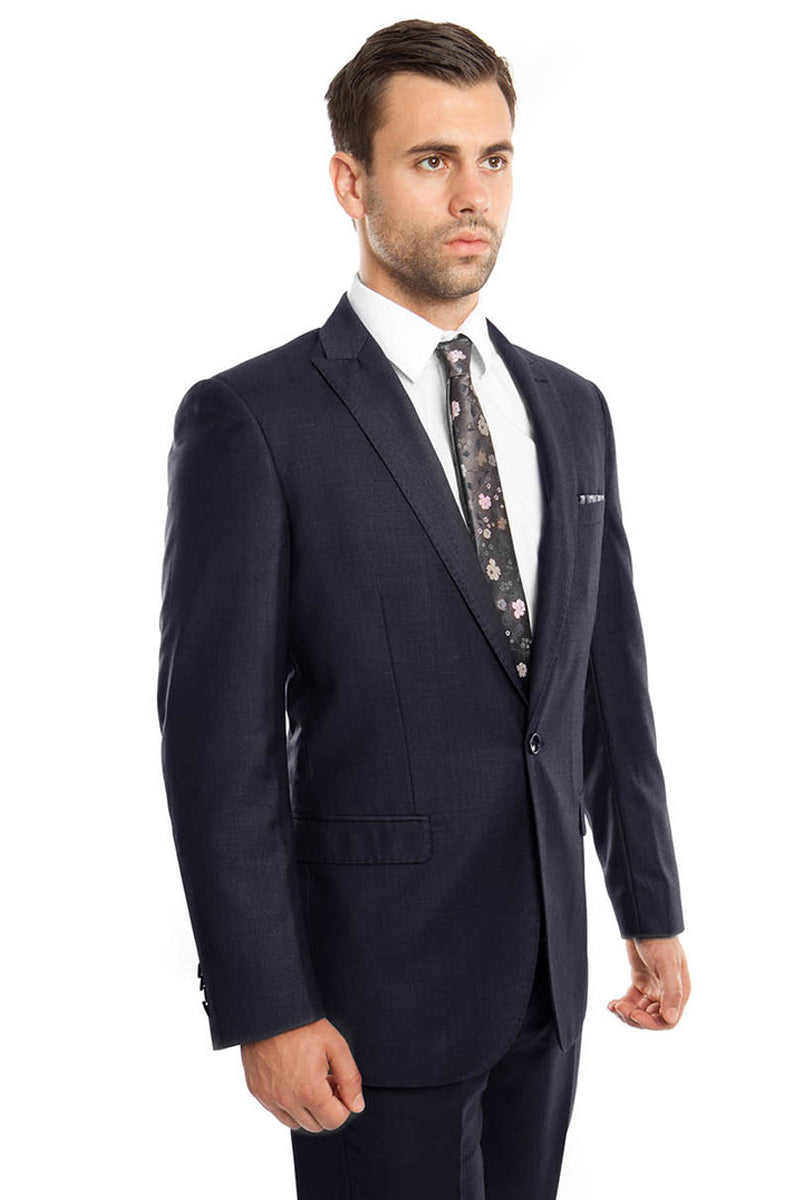 Men's Slim Fit One Button Peak Lapel Suit in Navy Blue