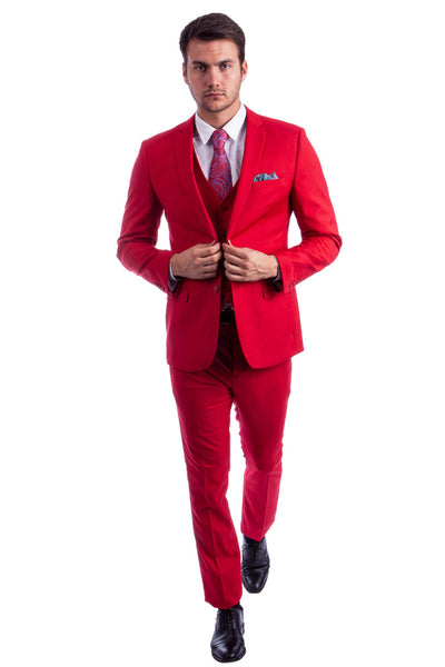 Men's Two Button Slim Fit Vested Solid Basic Color Suit in Red