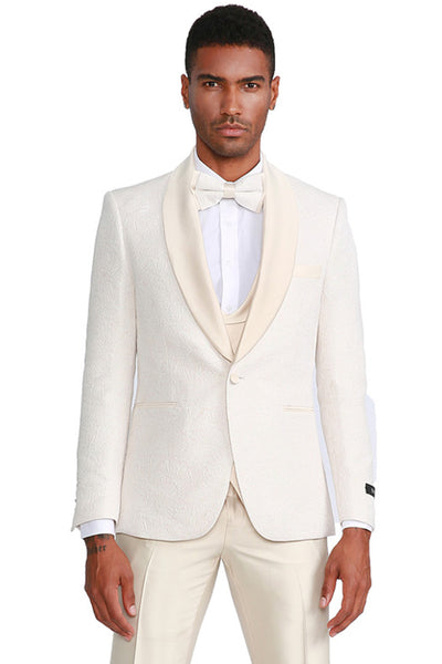 Men's One Button Vested Paisley Prom & Wedding Tuxedo with Satin Vest and Pants in Ivory