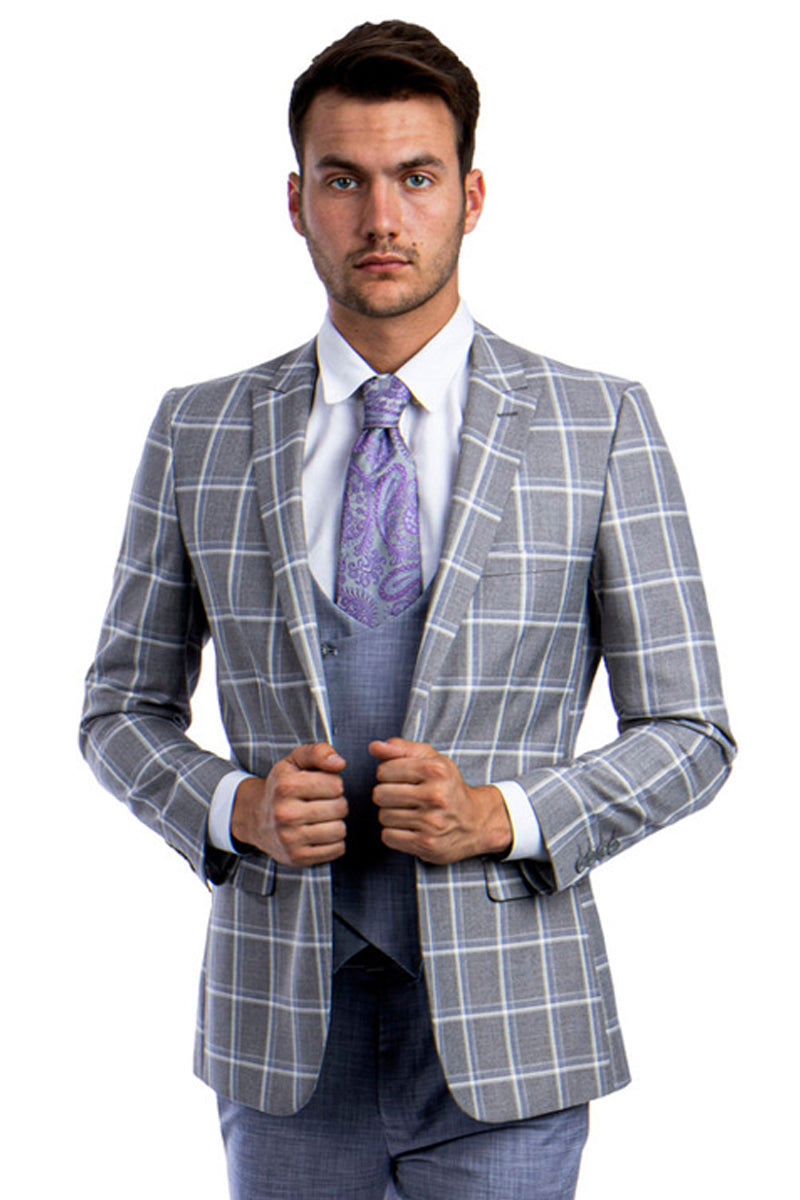 Men's One Button Peak Lapel Grey & Blue Windowpane Plaid Suit with Double Breasted Vest