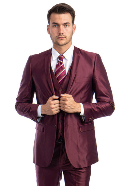 Men's Two Button Vested Shiny Sharkskin Wedding & Prom Fashion Suit in Burgundy