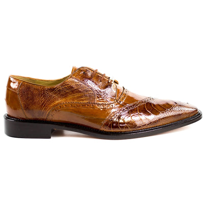 Men's Belvedere Nino Slanted Wingtip Ostrich Leg & Eel Dress Shoe in Camel