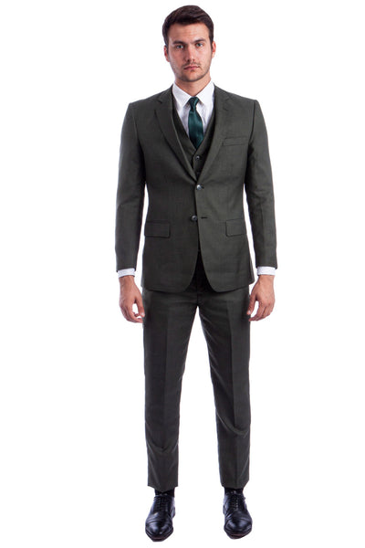 Men's Two Button Hybrid Fit Vested Sharkskin Wedding & Business Suit in Olive Green