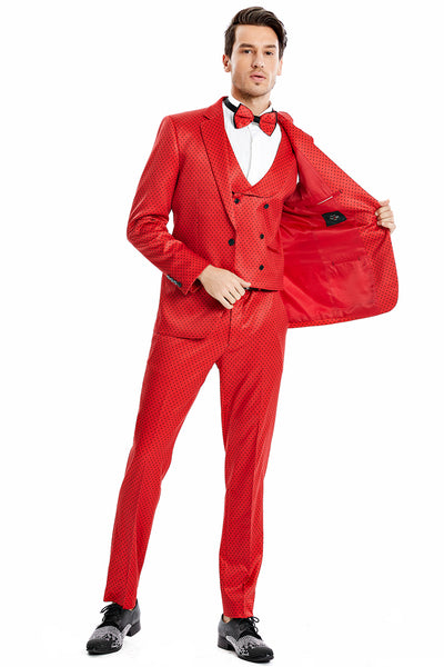 Men's One Button Vested Mini Polka Dot Prom Suit in Red & Black