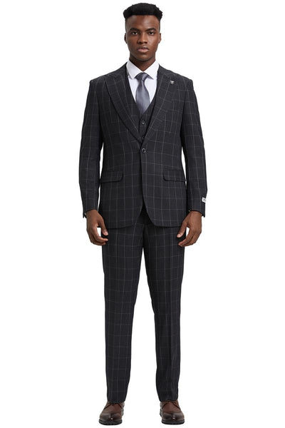 Men's Stacy Adams Vest Classic Bold Windowpane Suit in Dark Charcoal Grey