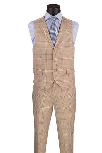 Men's Slim Fit Vested Glen Plaid Summer Business Suit in Beige