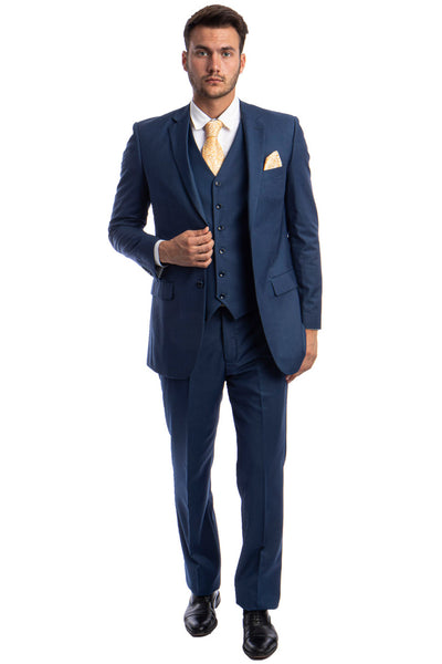 Men's Vested Two Button Solid Color Wedding & Business Suit in Indigo Blue