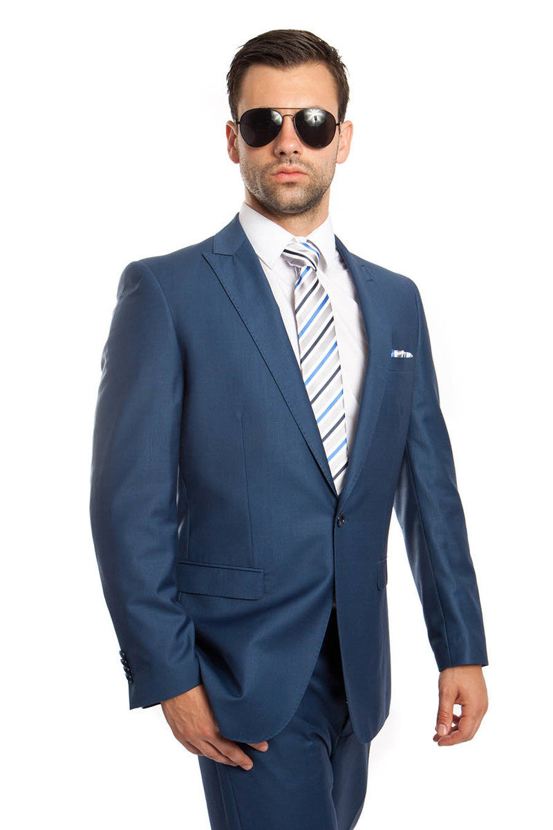 Men's Slim Fit One Button Peak Lapel Suit in Indigo Blue