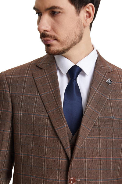 Men's Stacy Adams Vested Modern Fit Windowpane Plaid Suit in Light Brown
