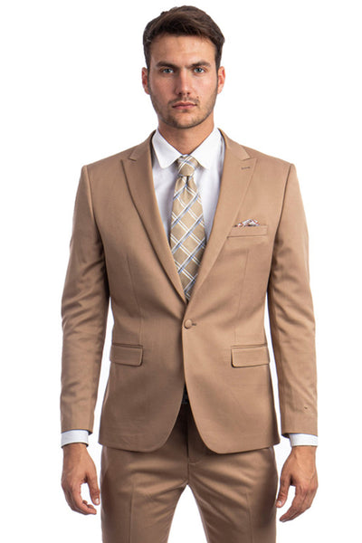 Men's One Button Peak Lapel Basic Slim Fit Suit in Dark Taupe