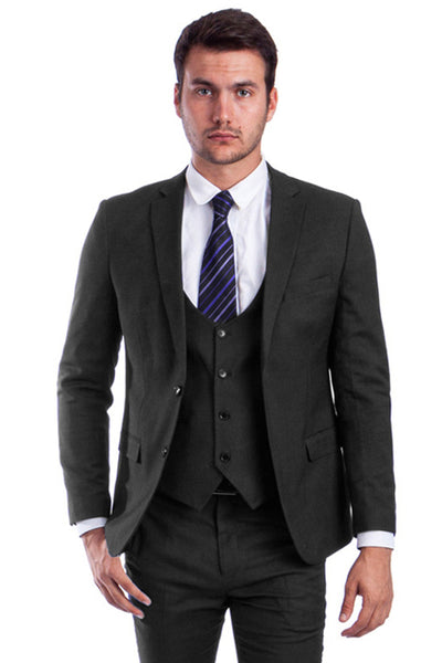 Men's Two Button Skinny Fit Vested Suit in Black