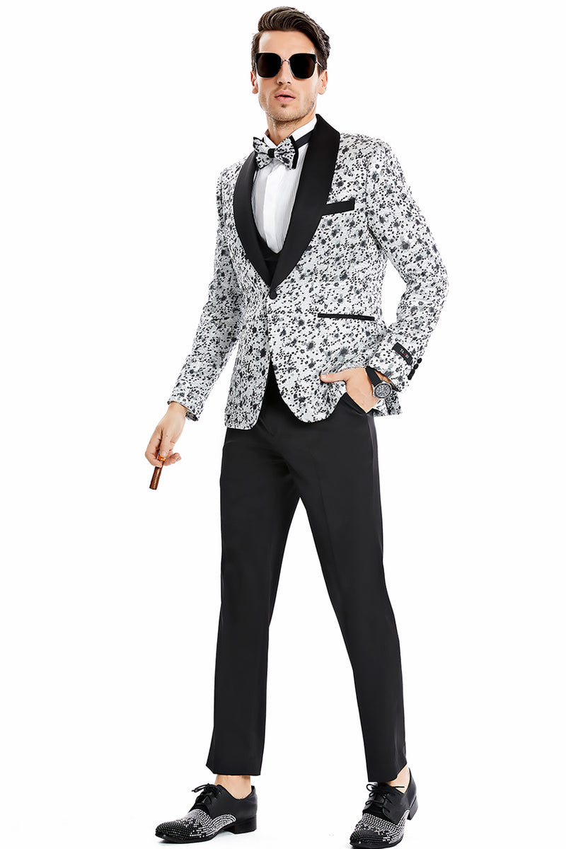 Men's One Button Vested Shawl Lapel Vintage Splatter Print Prom Tuxedo in Silver Grey