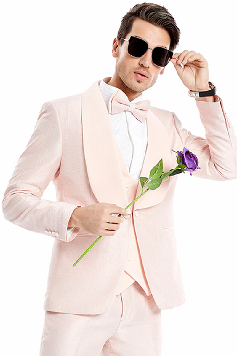 Men's One Button Vested Wide Shawl Lapel Lace Style Paisley Prom & Wedding Tuxedo in Blush Pink