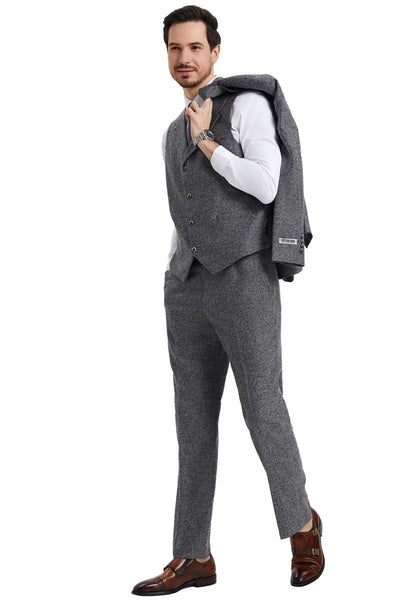 Men's Stacy Adams Vested Vintage Herringbone Tweed Suit in Grey