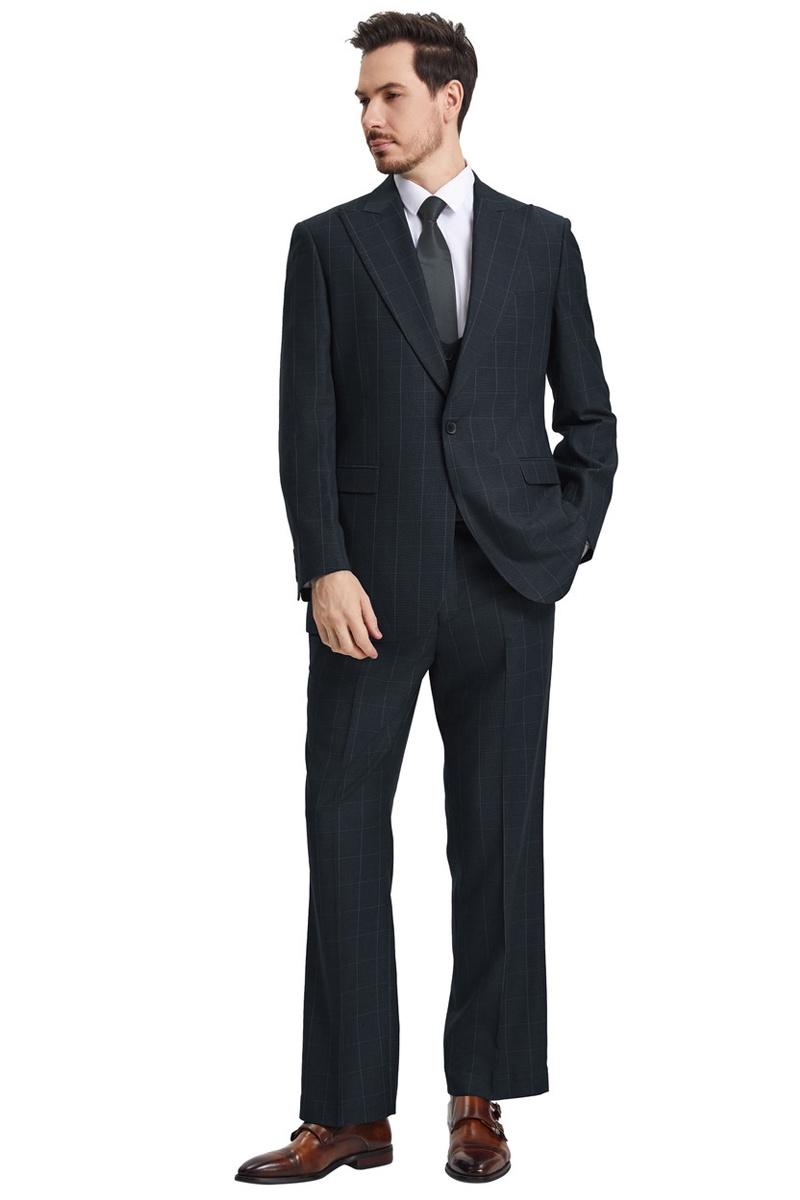 Men's Stacy Adams Peak Lapel Black Windowpane Plaid Suit with a Scoop Neck Vest