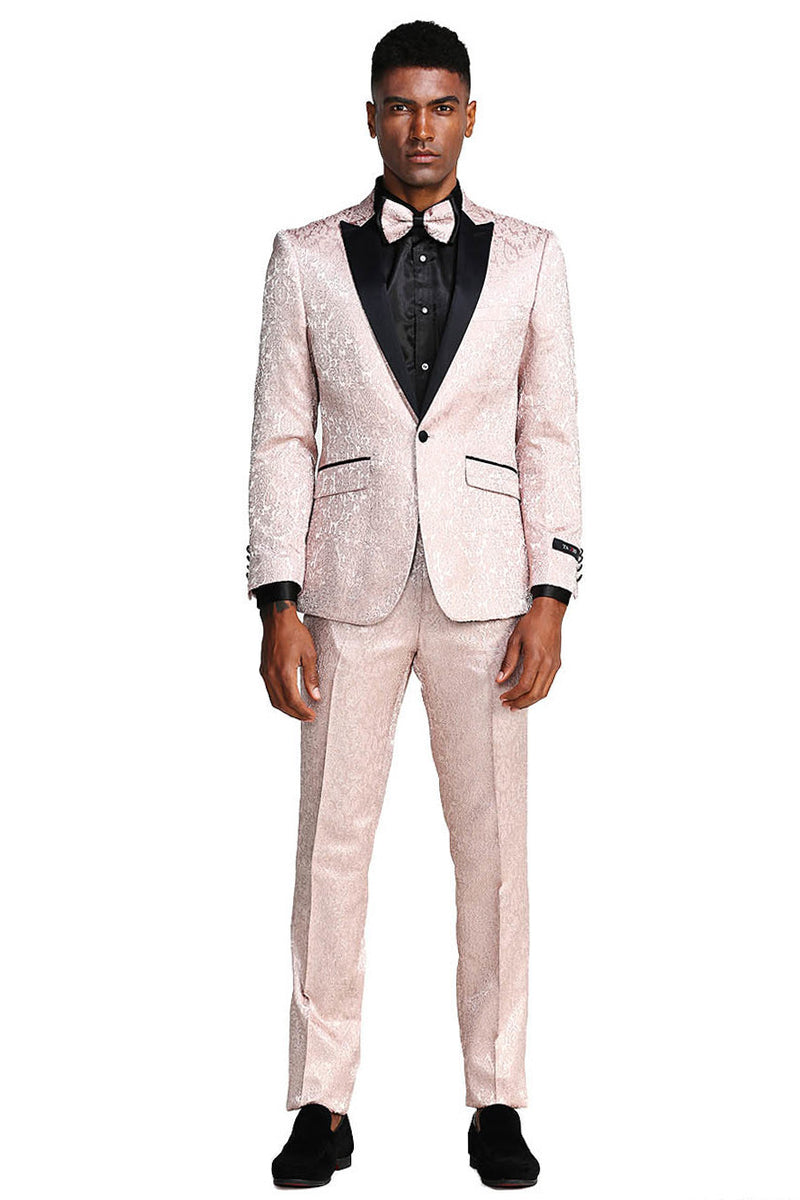 Men's One Button Slim Fit Paisley Wedding & Prom Tuxedo in Blush Pink