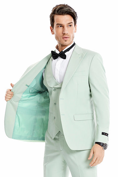 Men's Two Button Vested Peak Lapel Pastel Wedding & Prom Suit in Mint Green